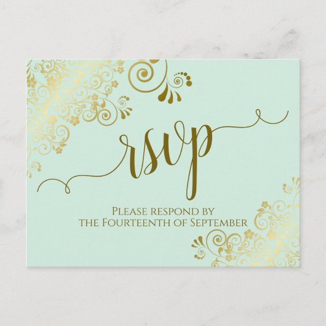 Lacy Gold Calligraphy Pale Mint Green Wedding RSVP Postkarte (Vorderseite)