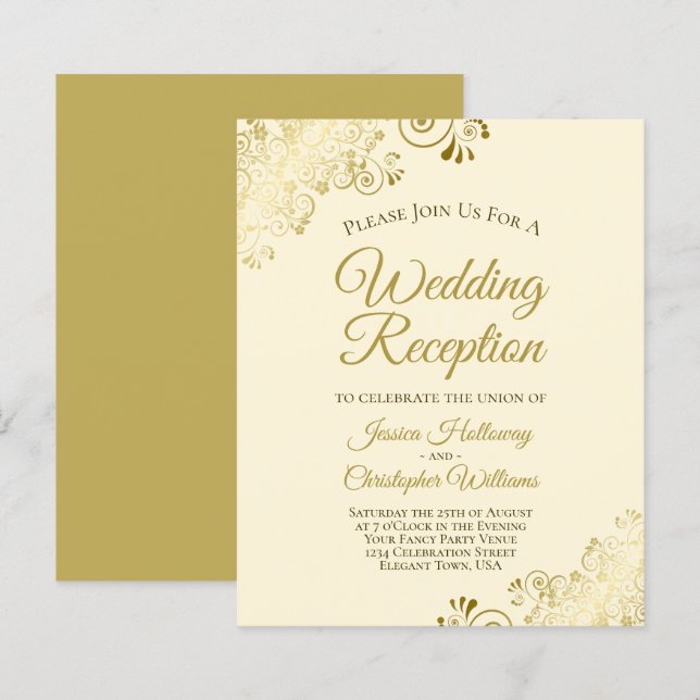 Lacy Gold & Cream Budget Hochzeitsempfang Einladun (Vorne/Hinten)