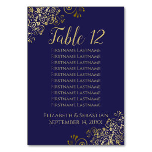 Lacy Gold Elegant Blue Wedding Seating Chart Tischnummer
