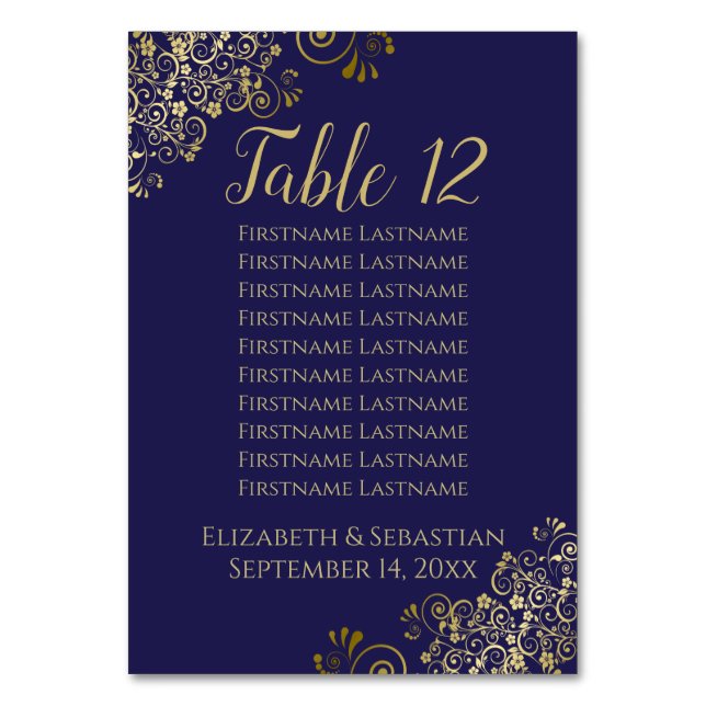 Lacy Gold Elegant Blue Wedding Seating Chart Tischnummer (Vorderseite)