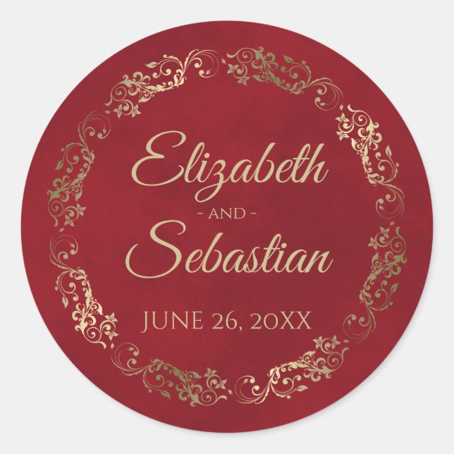 Lacy Gold Filigree Elegant Crimson Red Wedding Runder Aufkleber (Vorderseite)