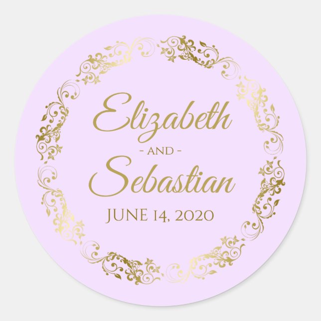 Lacy Gold Filigree Elegant Lilac Lila Wedding Runder Aufkleber (Vorderseite)