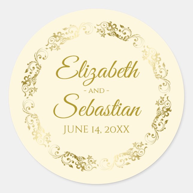 Lacy Gold Filigree Elegante Gastgeschenk Hochzeit Runder Aufkleber (Vorderseite)