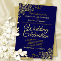 Lacy Gold Filigree on Navy Simple Elegant Wedding