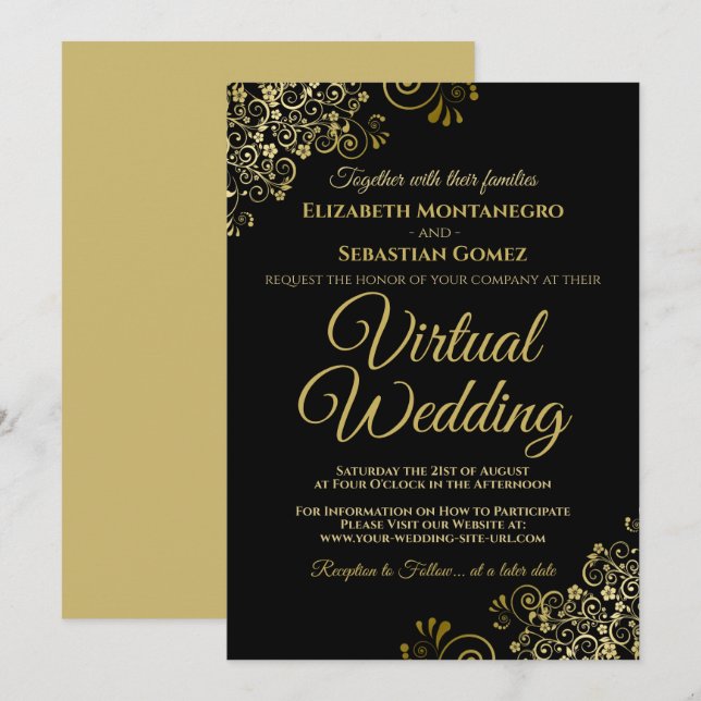 Lacy Gold Frills auf Black Elegant Virtual Wedding Einladung (Vorne/Hinten)