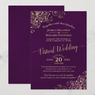 Lacy Gold Frills on Plum Lila Virtual Wedding Einladung