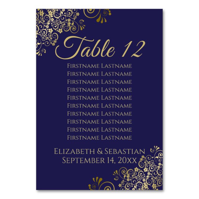 Lacy Gold Navy Blue Elegante Seating Chart Tischnummer (Rückseite)