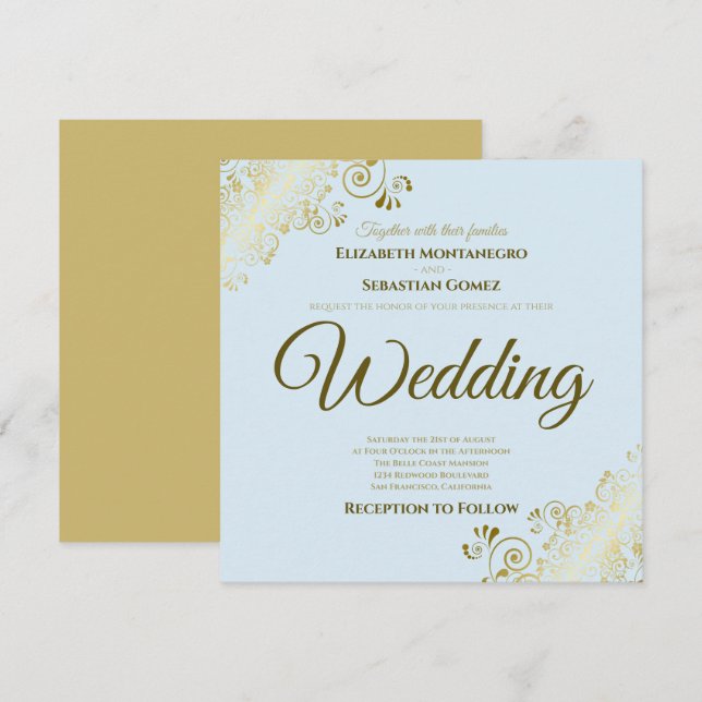 Lacy Gold on Powder Blue Elegante Square Wedding Einladung (Vorne/Hinten)