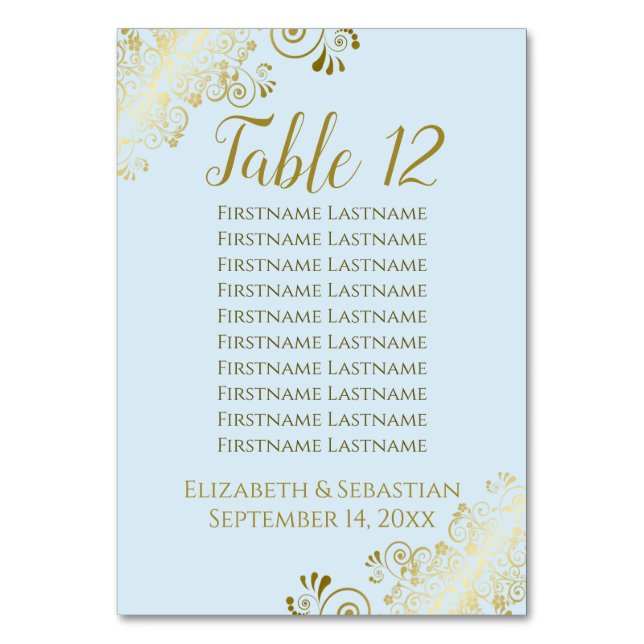 Lacy Gold on Powder Blue Wedding Chart Tischnummer (Vorderseite)