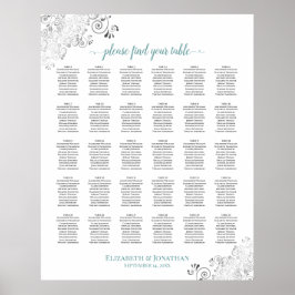 Lacy Silver & Aquamarin 30 Table Wedding Seating C Poster