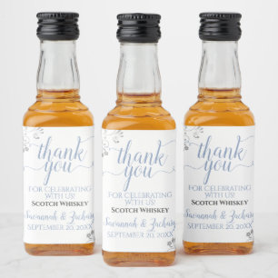 Lacy Silver & Blue on White Wedding Danke Mini Alkoholflaschenetikett