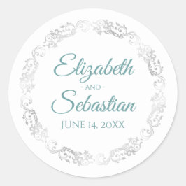 Lacy Silver Border Elegante Aquamarin & White Wedd Runder Aufkleber