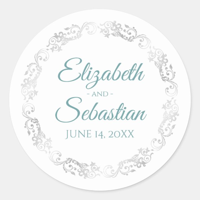 Lacy Silver Border Elegante Aquamarin & White Wedd Runder Aufkleber (Vorderseite)