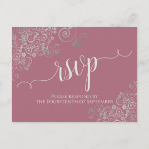 Lacy Silver Calligraphy Dusty Rose Wedding RSVP Postkarte