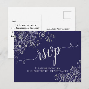 Lacy Silver Calligraphy Navy Blue Wedding RSVP Postkarte