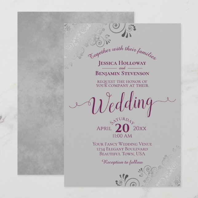 Lacy Silver Elegant Cassis Purple on Gray Wedding Einladung (Vorne/Hinten)