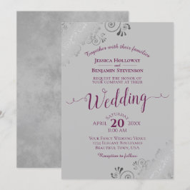 Lacy Silver Elegant Cassis Purple on Gray Wedding Einladung
