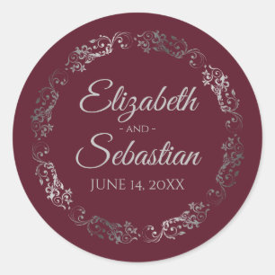 Lacy Silver Filigree Elegant Burgundy Wedding Runder Aufkleber