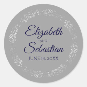 Lacy Silver Filigree Elegant Navy auf Gray Wedding Runder Aufkleber
