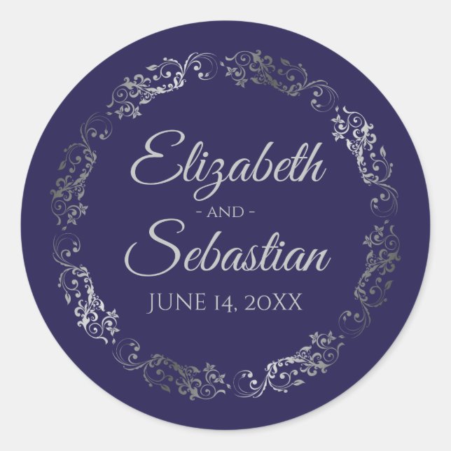 Lacy Silver Filigree Elegant Navy Blue Wedding Runder Aufkleber (Vorderseite)