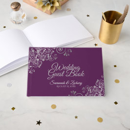 Lacy Silver Filigree Elegant Plum Purple Wedding Gästebuch