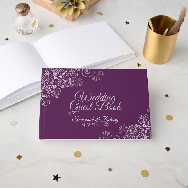 Lacy Silver Filigree Elegant Plum Purple Wedding Gästebuch (Vorderseite Offen)