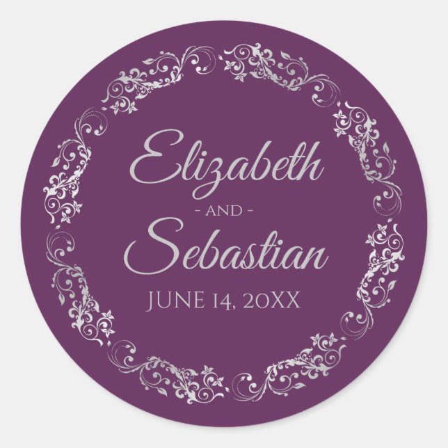 Lacy Silver Filigree Elegant Plum Purple Wedding Runder Aufkleber (Vorderseite)