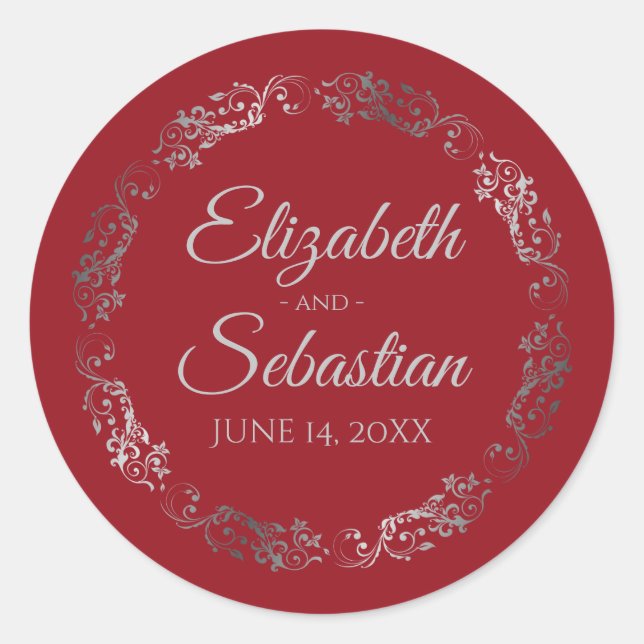 Lacy Silver Filigree Elegant Red Wedding Runder Aufkleber (Vorderseite)