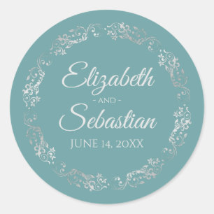 Lacy Silver Filigree Elegante Aquamarine Hochzeit Runder Aufkleber