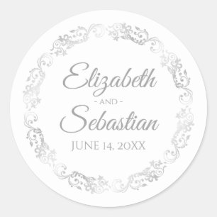 Lacy Silver Filigree Elegante Grau auf Weiße Hochz Runder Aufkleber