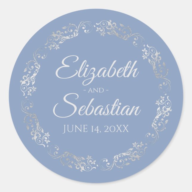 Lacy Silver Filigree Elegante Light Blue Wedding Runder Aufkleber (Vorderseite)