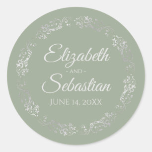 Lacy Silver Filigree Elegante Sage Green Wedding Runder Aufkleber