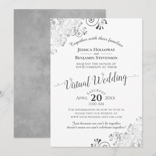 Lacy Silver Grey & White Elegante Virtual Wedding Einladung (Vorne/Hinten)