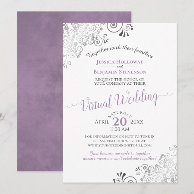Lacy Silver Lavender & White Virtual Wedding Einladung (Vorne/Hinten)