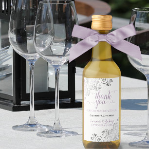 Lacy Silver Lavender White Wedding Danke Mini Weinetikett