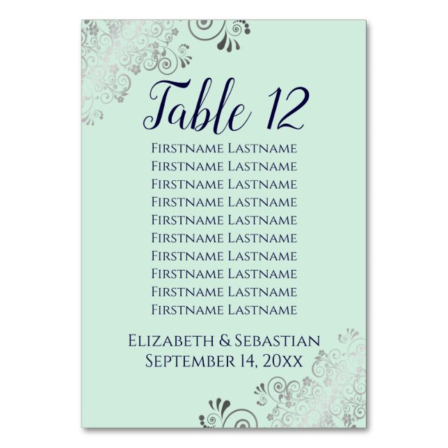 Lacy Silver, Navy Mint Green Wedding Chart Tischnummer (Vorderseite)