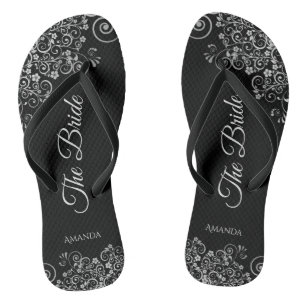 Lacy Silver on Black Elegante The Bride Wedding Flip Flops