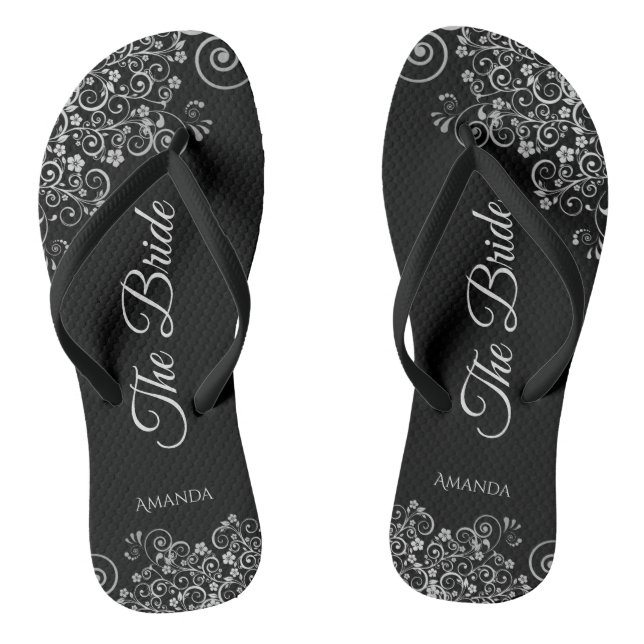 Lacy Silver on Black Elegante The Bride Wedding Flip Flops (Fußbett)