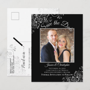 Lacy Silver on Black Wedding Save the Date Foto Ankündigungspostkarte