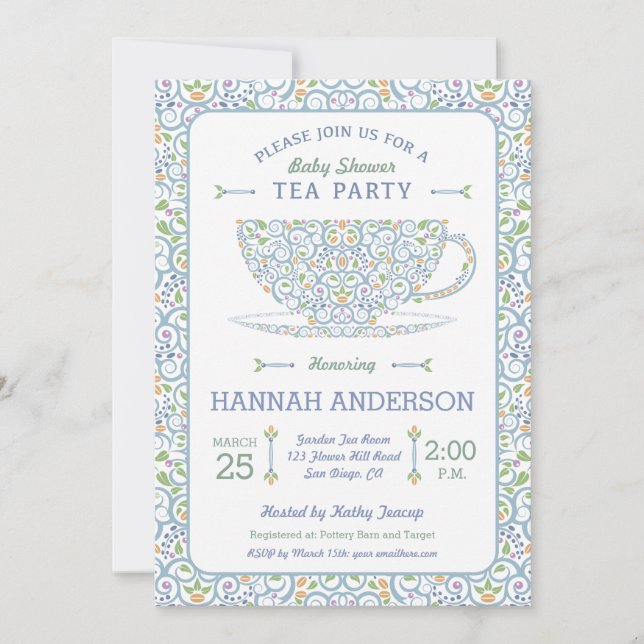 Lacy Teacup Baby shower Blue Tea Party Invitation (Devant)