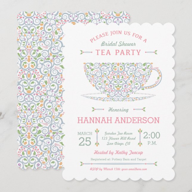 Lacy Teacup Fête des mariées Tea Party Invitation  (Devant / Derrière)