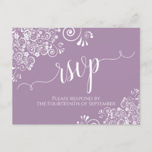 Lacy White Calligraphy Dusty Lila Wedding RSVP Postkarte