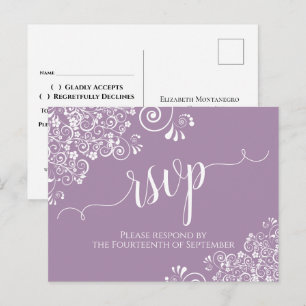 Lacy White Kalligrafie Dusty Purple Hochzeits-RSVP Postkarte