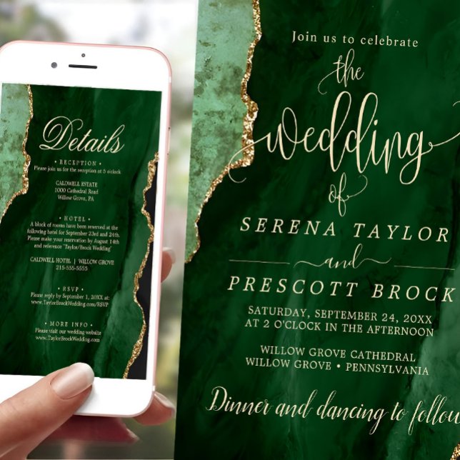 Laden Sie sich die Green Emerald Gold-Hochzeit her Einladung (wedding invitation)