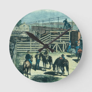 Laden-Texas-Vieh auf einen Zug an Abilene railh Runde Wanduhr