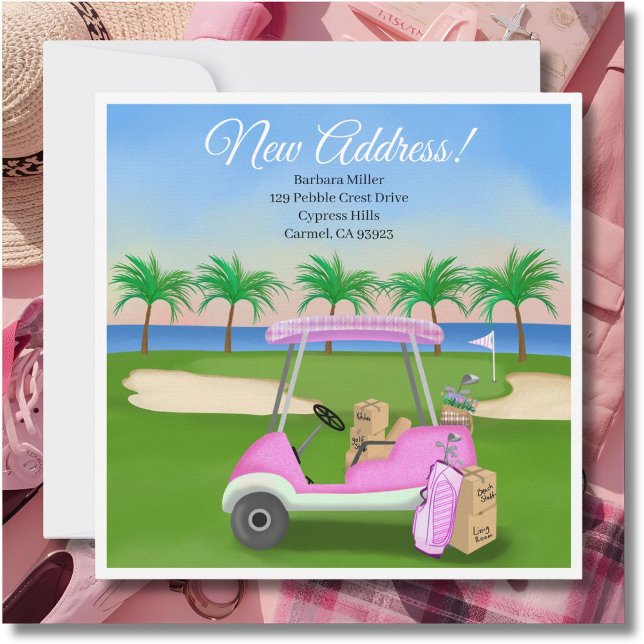 Ladies Pink Golf Cart Moving Boxes Beach Golf  Ankündigung (Von Creator hochgeladen)
