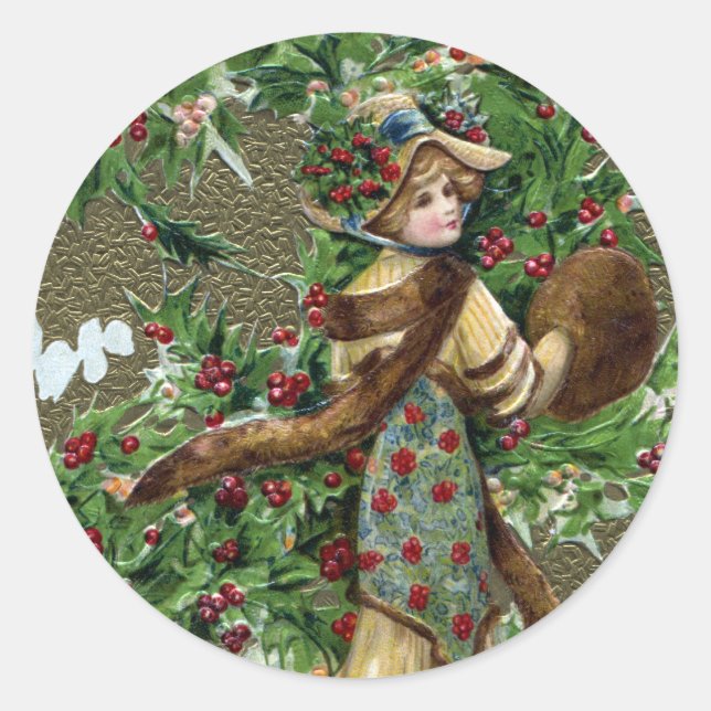 Lady and Holly Berries Weihnachten Runder Aufkleber (Vorderseite)