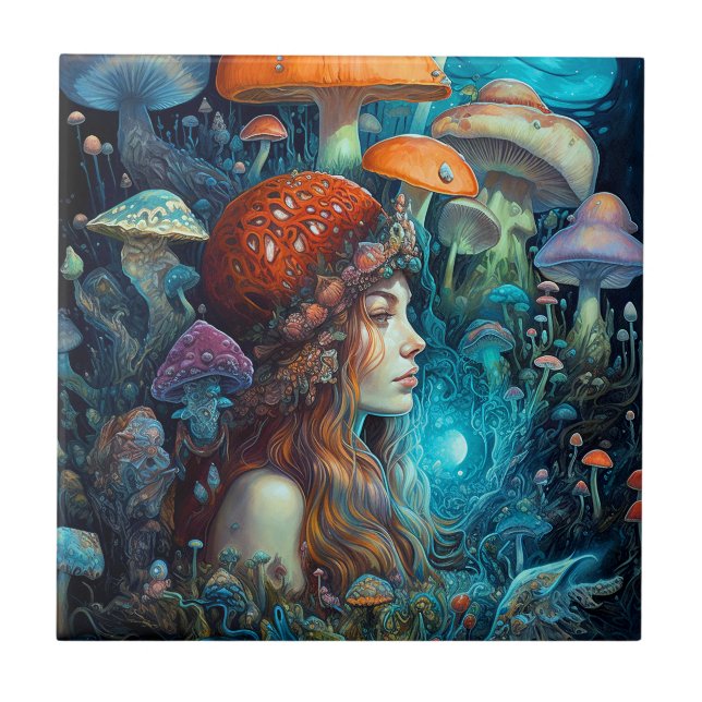 Lady and Mushrooms Surreal Fantasy Art Fliese (Vorderseite)