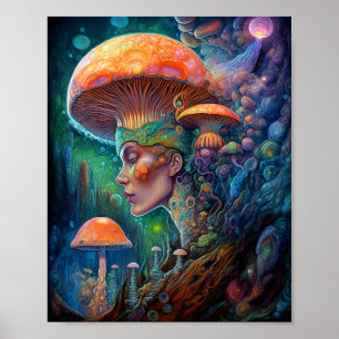 Lady and Mushrooms Surreal Fantasy Art Poster