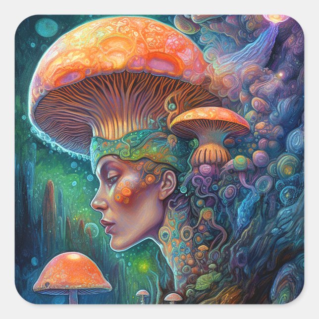 Lady and Mushrooms Surreal Fantasy Art Quadratischer Aufkleber (Vorderseite)